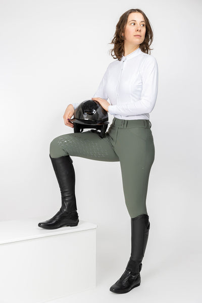 Front of Saturn Green Neptune Blue Freejump Women's Breeches with silicone “Griptec” technology on inside leg