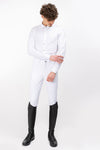 Front view of white Men's Freejump Breeches with silicone “Griptec” technology on inside leg.