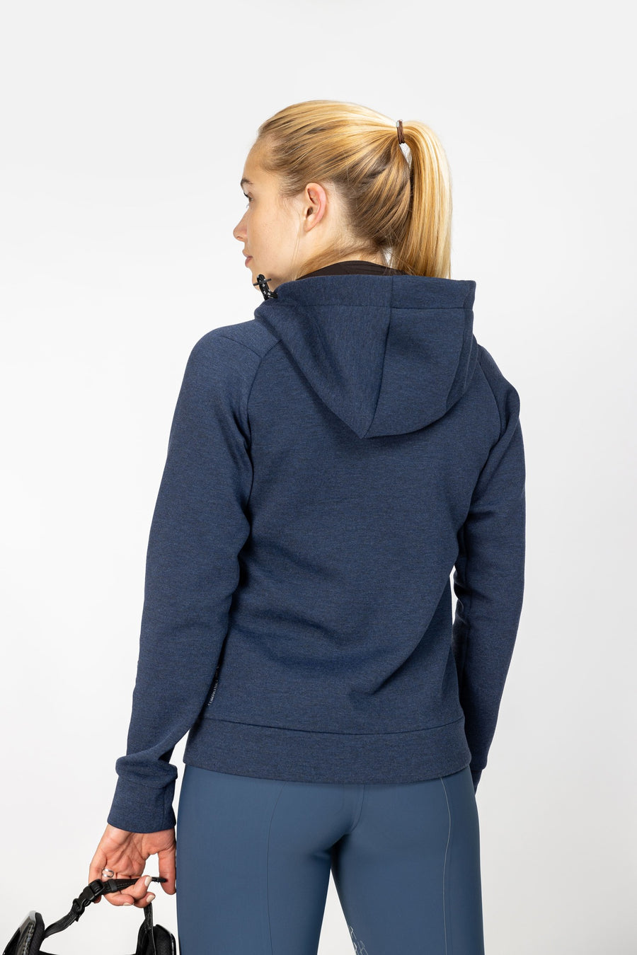 Heather Blue Freejump Women's full zip hoodie with raised neckline and dragonfly emblem on right shoulder