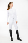 White Long Sleeve Freejump Women's Riding shirt with laser cut perforated bands on the top of the collar, the button placket, and the bottom of the sleeves
