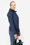 side of of heather blue freejump women's hoodie with dragonfly emblem on right shoulder