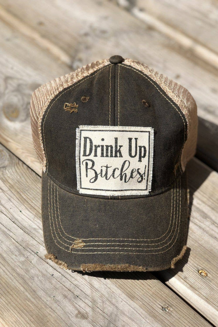 Vintage Life - Drink Up Bitches Distressed Trucker Hat Baseball Cap - Black