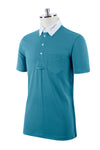 Teal Blue Men's short-sleeve competition polo with button-down collar and a tie-clip. White Collar. Embroidered Albatross logo on the pocket and collar.