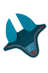 Teal Blue Fly Hood/Veil w/ Animo logo. Rhinestone and Blue Piping.