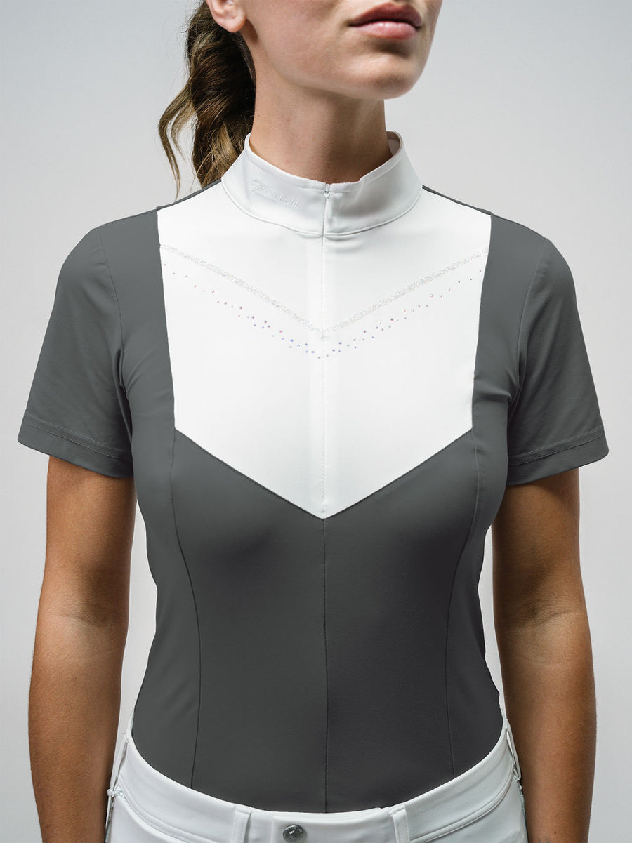 Navy Short Sleeve Show Shirt w/ all white bib decorated with Swarovski® crystals. 1/4 zip