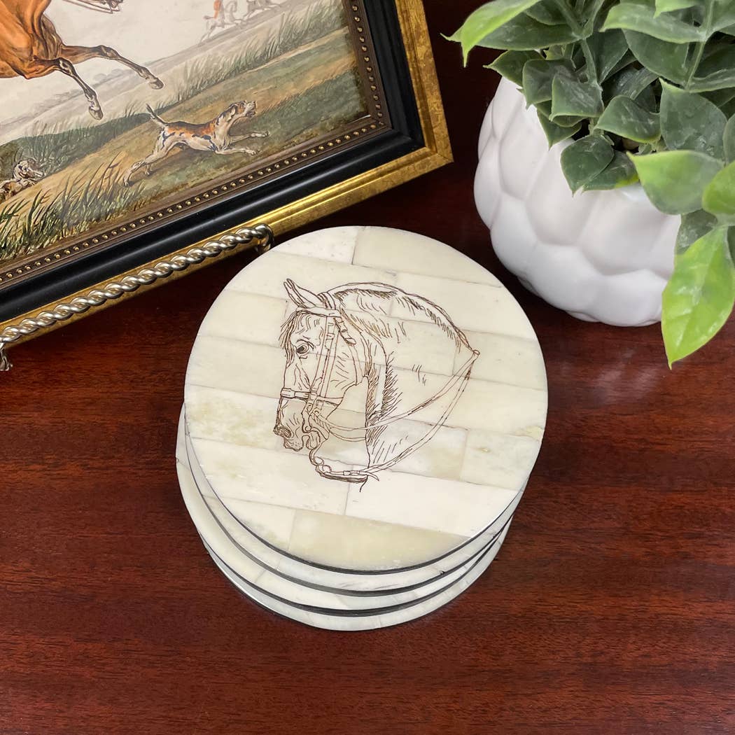 Madison Bay Co. - Historical Home Decor Reproductions - Horse Head Scrimshaw Bone Coasters (Set of 4) Tabletop decor