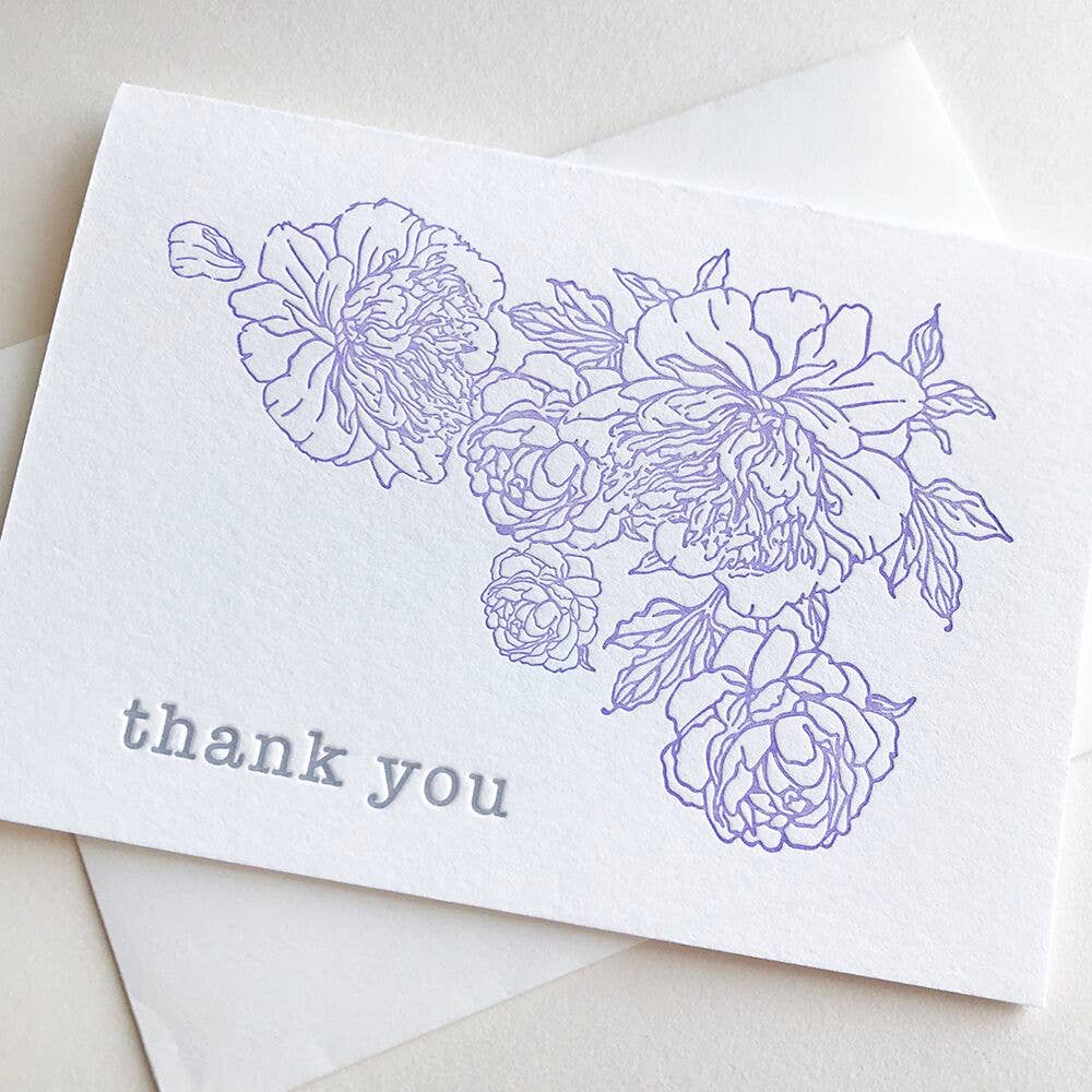 Steel Petal Press - Lavender Peony Thanks - Letterpress Thank You Greeting Card