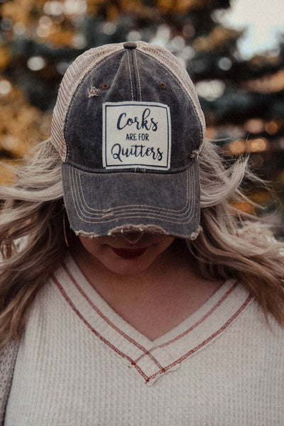 Vintage Life - Corks Are For Quitters Distressed Trucker Hat Baseball Cap - Black