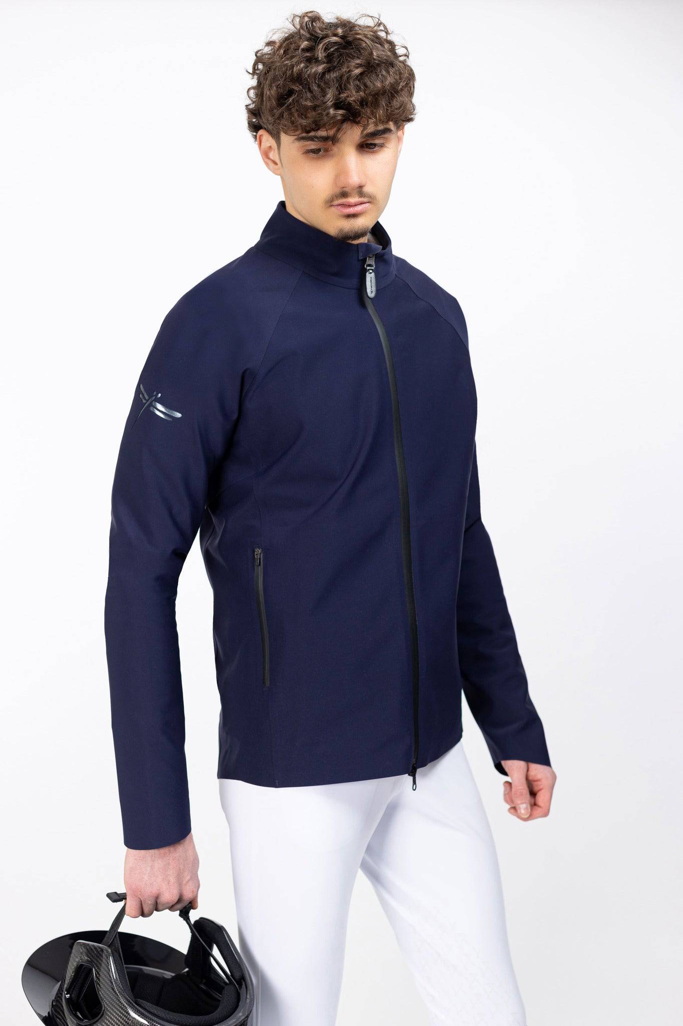Pluto Navy Men's Freejump full zip Rain Jacket with zipper front pockets and dragonfly emblem on right shoulder.