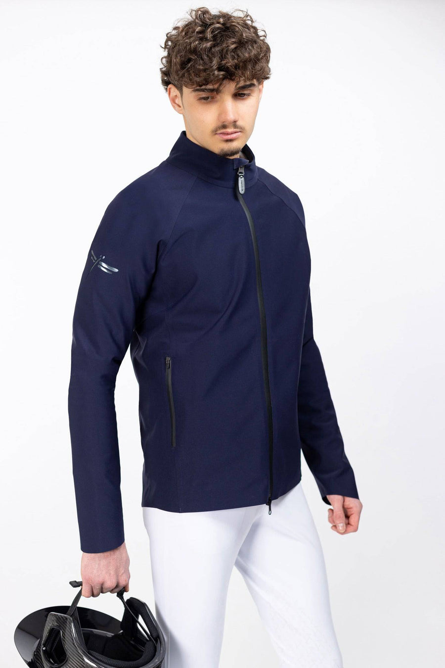 Pluto Navy Men's Freejump full zip Rain Jacket with zipper front pockets and dragonfly emblem on right shoulder.