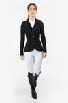 Black Freejump Women's Show Jacket with dragonfly emblem on right shoulder, and Laser-cut perforated bands on collar and bottom of pockets