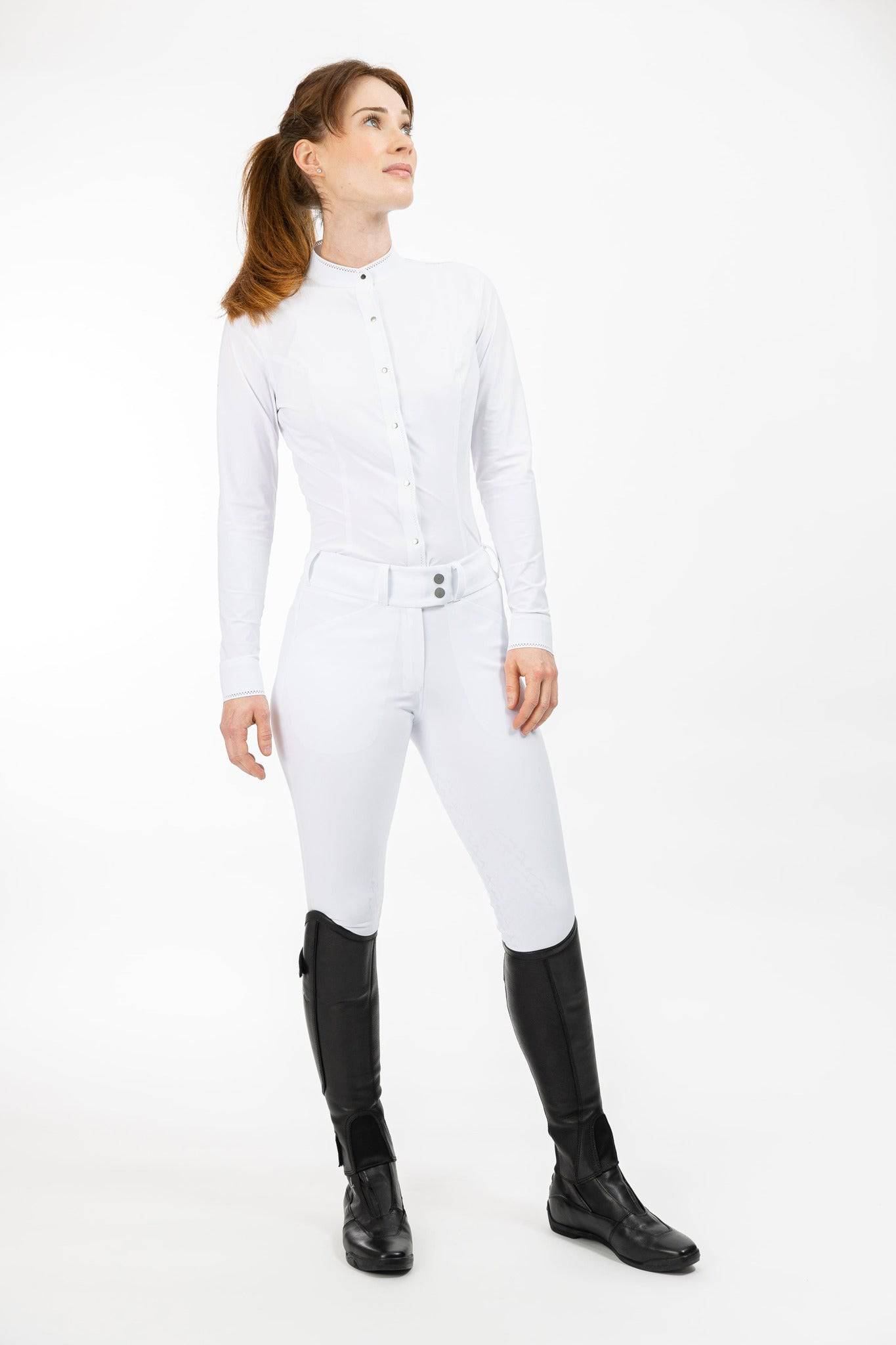 White Long Sleeve Freejump Women's Riding shirt with laser cut perforated bands on the top of the collar, the button placket, and the bottom of the sleeves