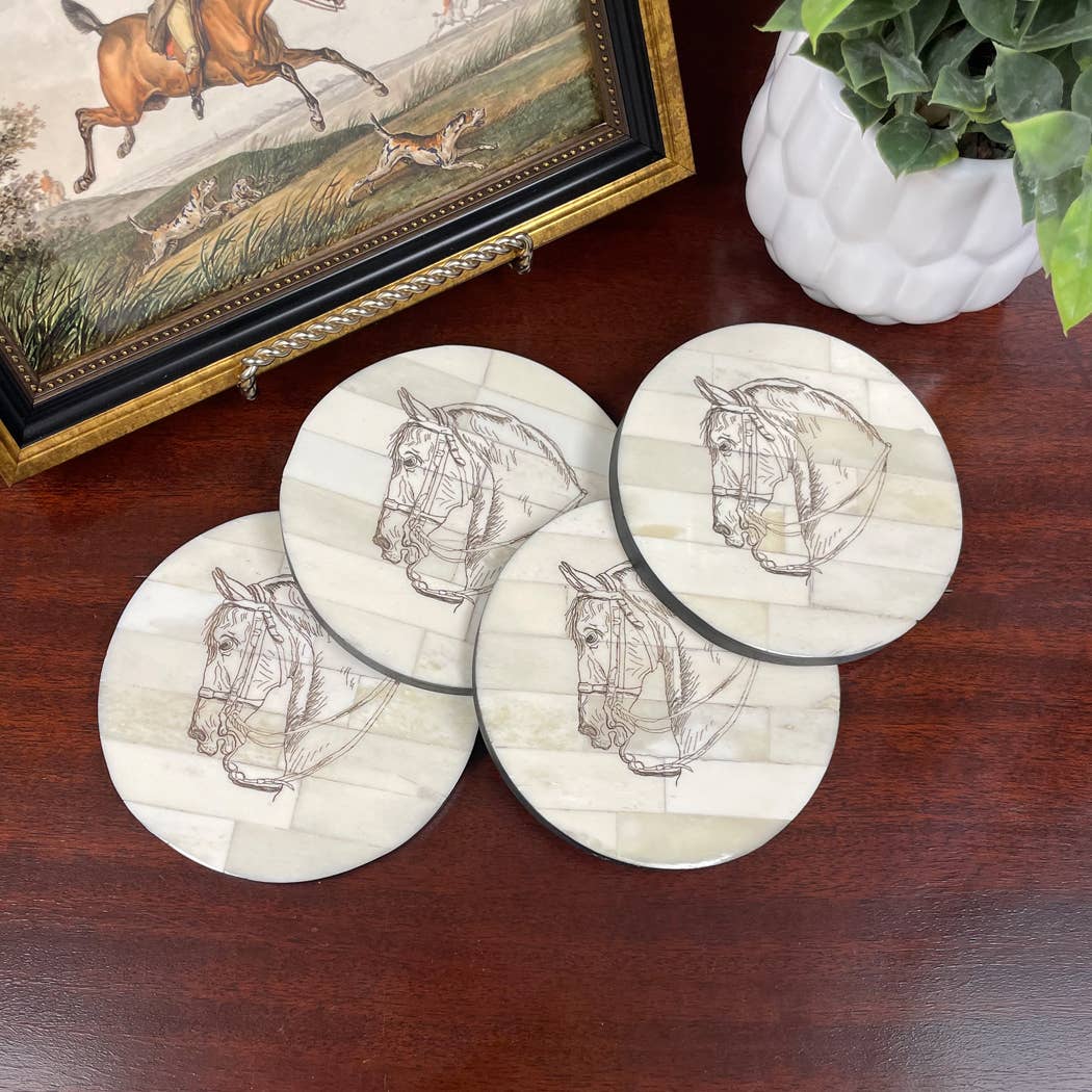 Madison Bay Co. - Historical Home Decor Reproductions - Horse Head Scrimshaw Bone Coasters (Set of 4) Tabletop decor
