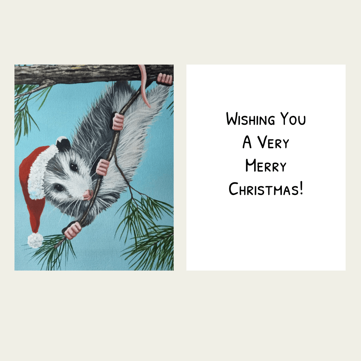 Forever Caroline - Christmas Card w/ Opossum Santa Art & Inside Merry Christmas