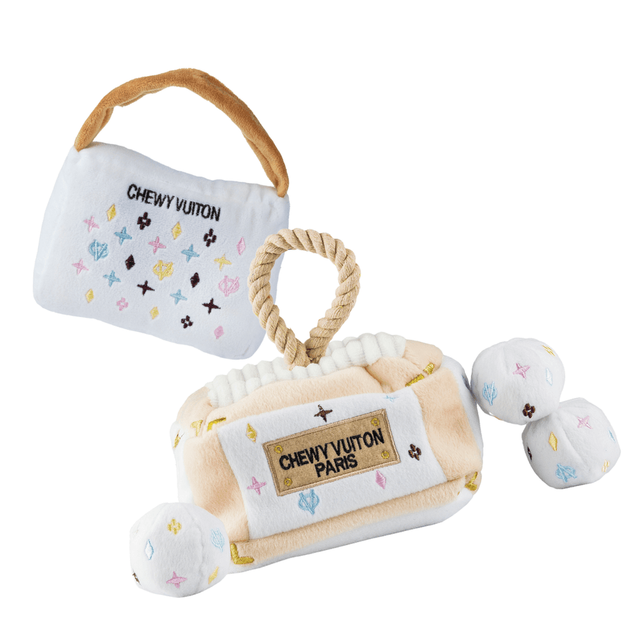 Haute Diggity Dog - Keep Calm & Chewy Vuiton (White Monogram) Bundle Dog Toy - Exceptional Equestrian 