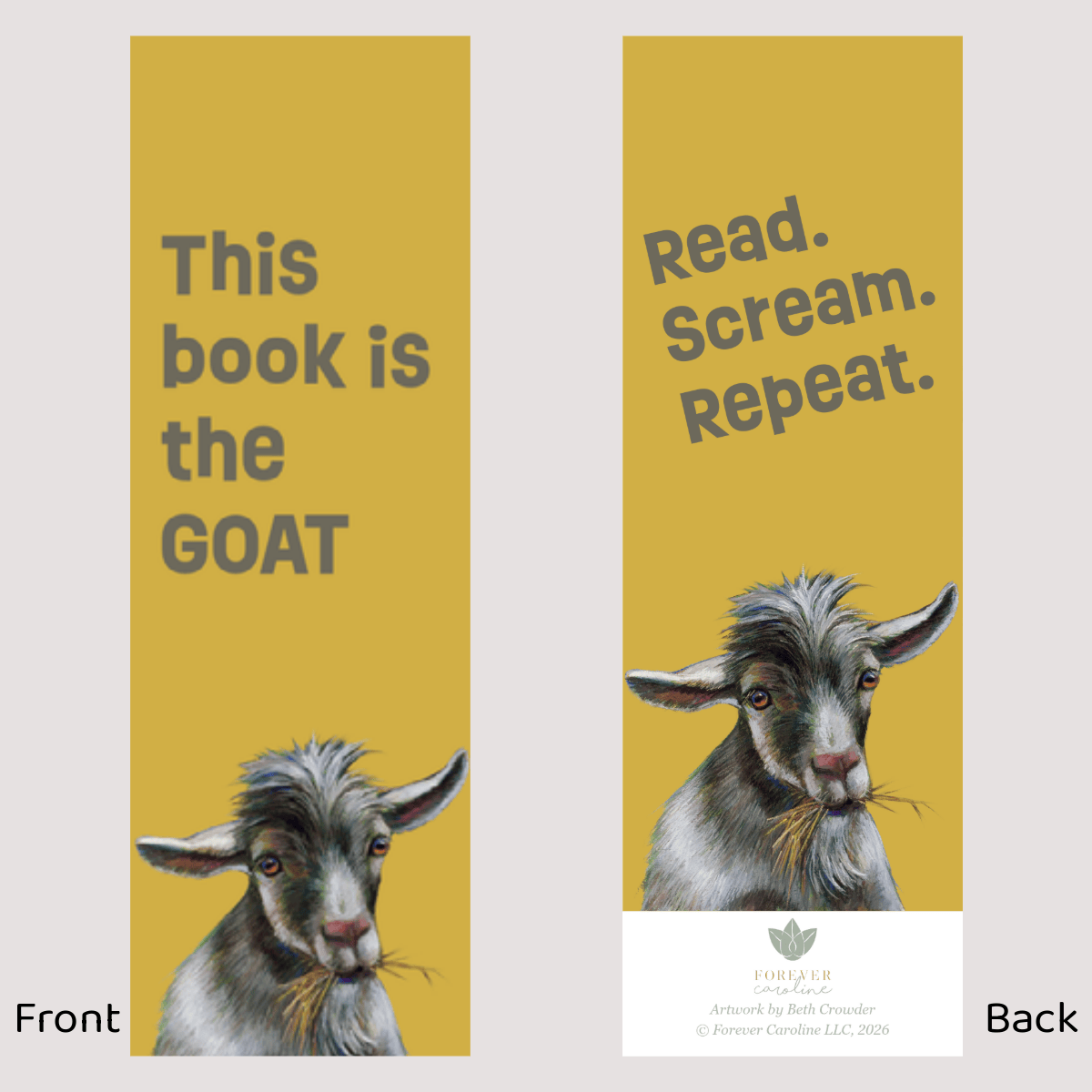Forever Caroline - Bookmark w/ Whimsical Goat & Punny Messages | Two-Sided with Tassel