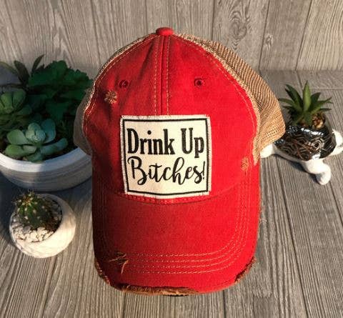 Vintage Life - Drink Up Bitches Distressed Trucker Hat Baseball Cap - Orange - Exceptional Equestrian 