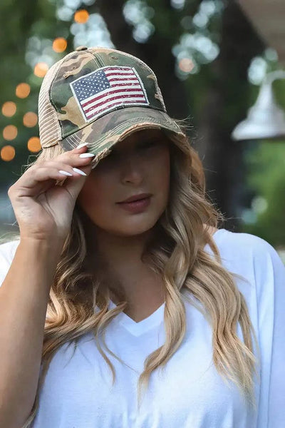 Vintage Life - American Flag USA Distressed Camo Trucker Hat Baseball Cap - Exceptional Equestrian