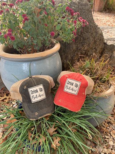 Vintage Life - Drink Up Bitches Distressed Trucker Hat Baseball Cap - Orange - Exceptional Equestrian