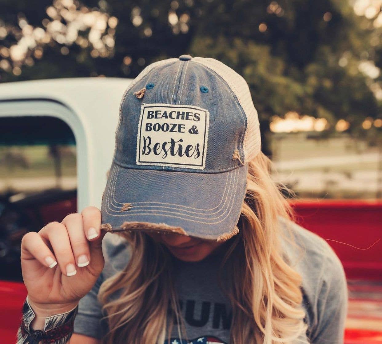 Vintage Life - Beaches Booze & Besties Distressed Trucker Hat Baseball Cap