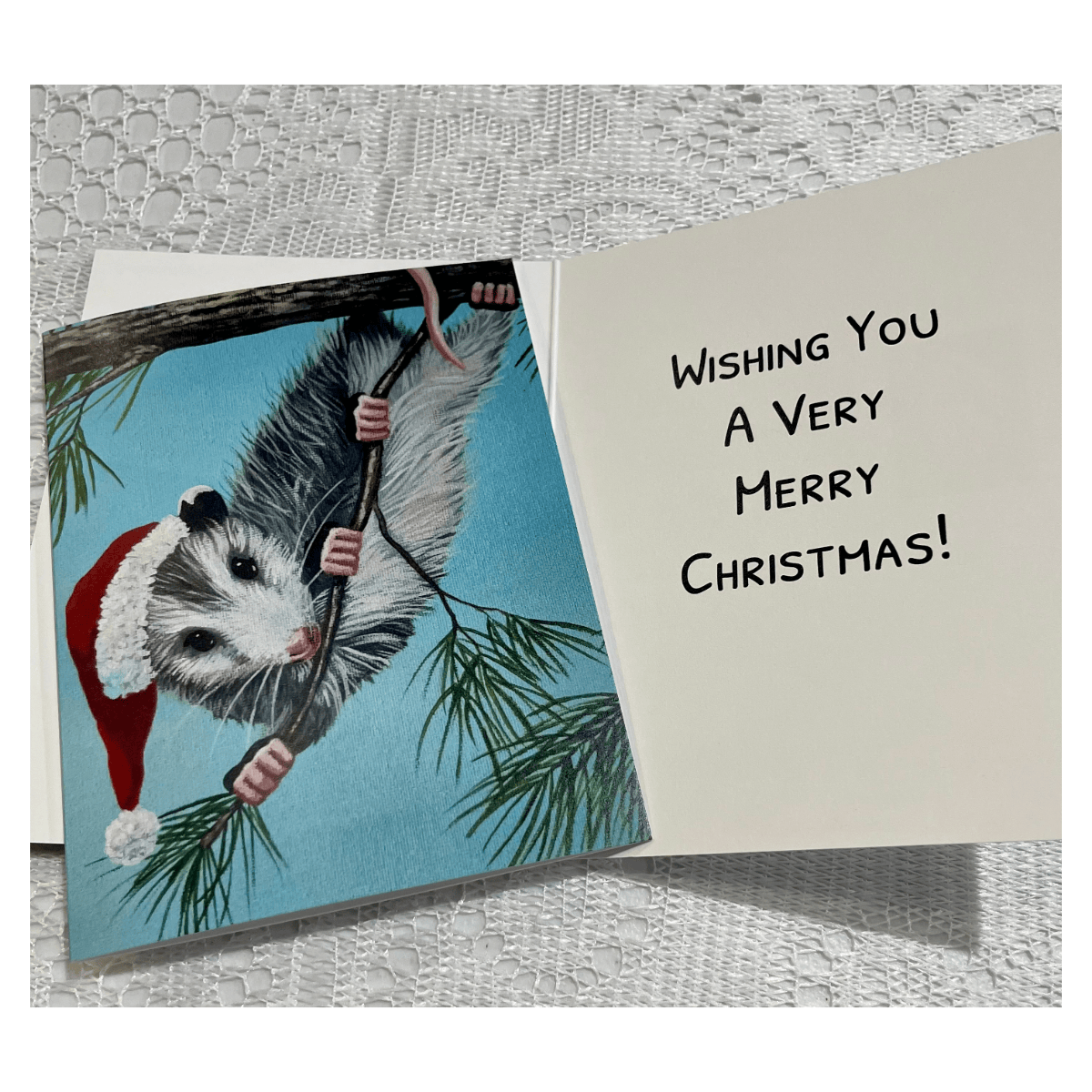 Forever Caroline - Christmas Card w/ Opossum Santa Art & Inside Merry Christmas