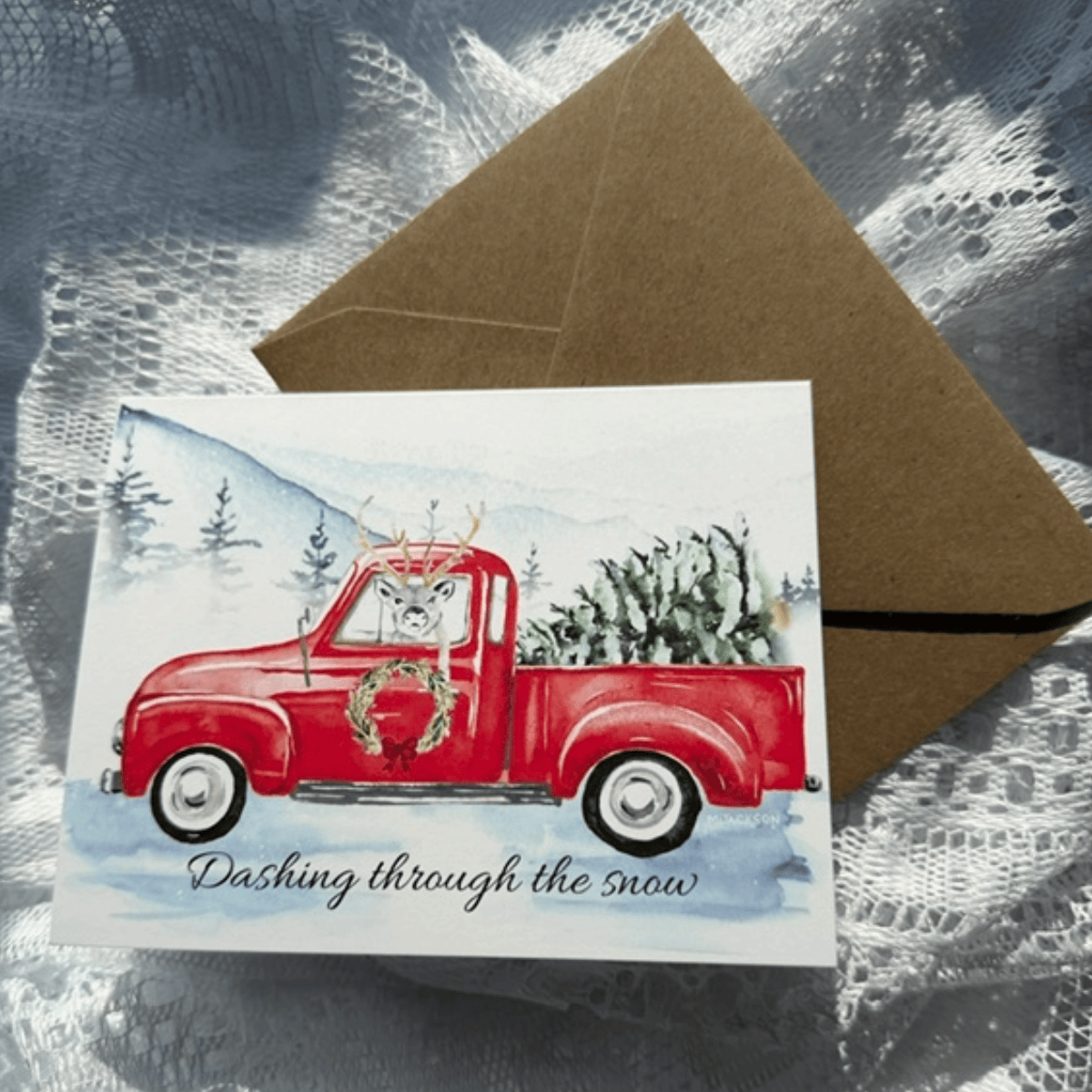 Forever Caroline - Holiday Card w/ Reindeer in Red Truck & Inside Message