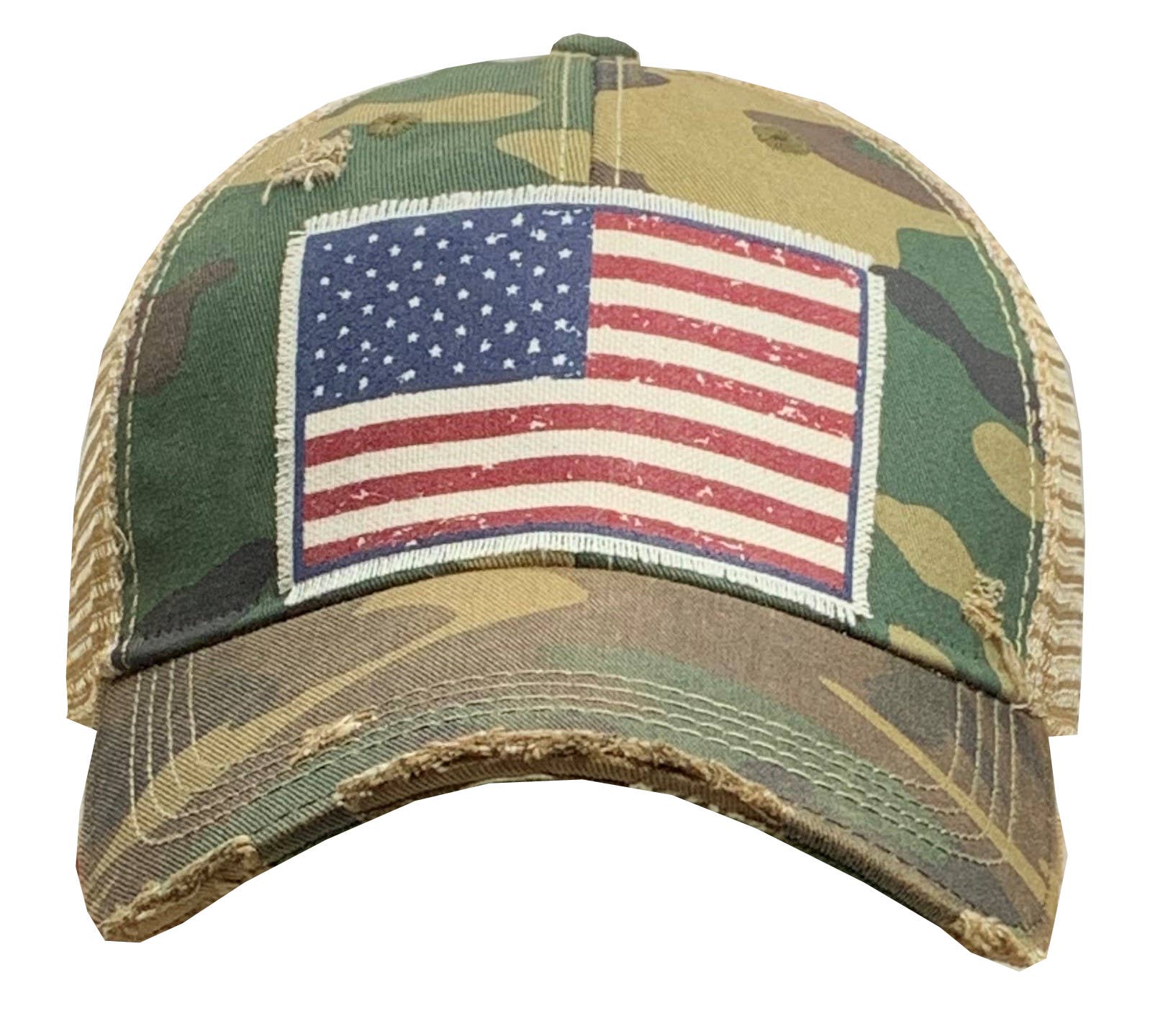 Vintage Life - American Flag USA Distressed Camo Trucker Hat Baseball Cap - Exceptional Equestrian