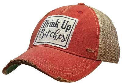 Vintage Life - Drink Up Bitches Distressed Trucker Hat Baseball Cap - Orange - Exceptional Equestrian