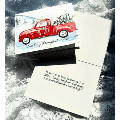 Forever Caroline - Holiday Card w/ Reindeer in Red Truck & Inside Message