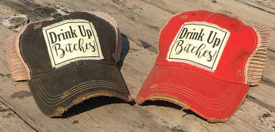 Vintage Life - Drink Up Bitches Distressed Trucker Hat Baseball Cap - Orange - Exceptional Equestrian