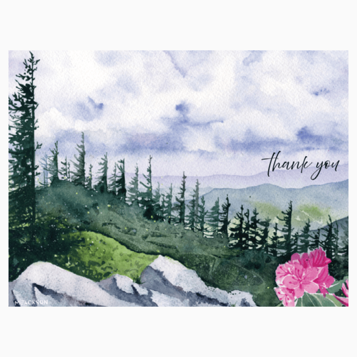 Forever Caroline - Thank You Card w/ Mountains, Wilderness & Woodlands Art