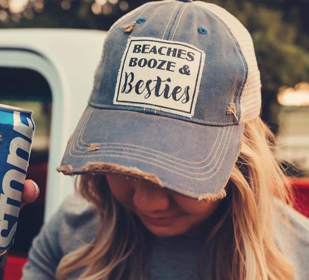 Vintage Life - Beaches Booze & Besties Distressed Trucker Hat Baseball Cap