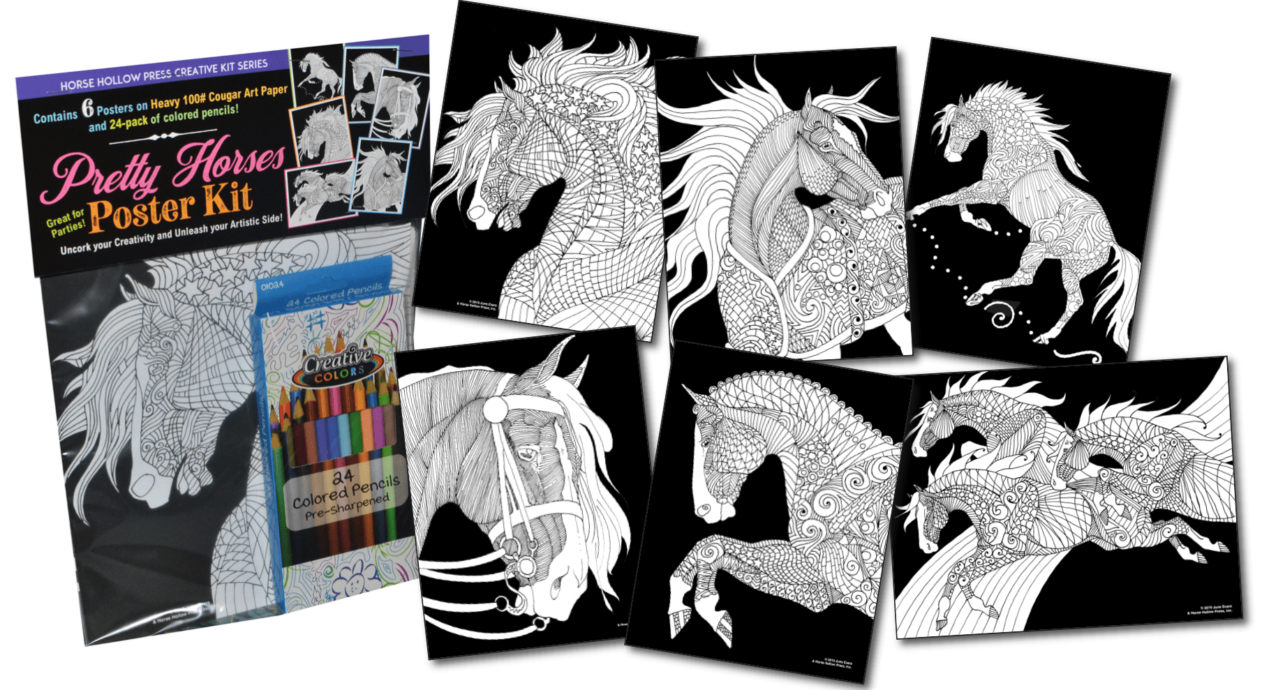 Horse Hollow Press - Pretty Horses Coloring Kit w/ 24-Colored Pencils - Exceptional Equestrian