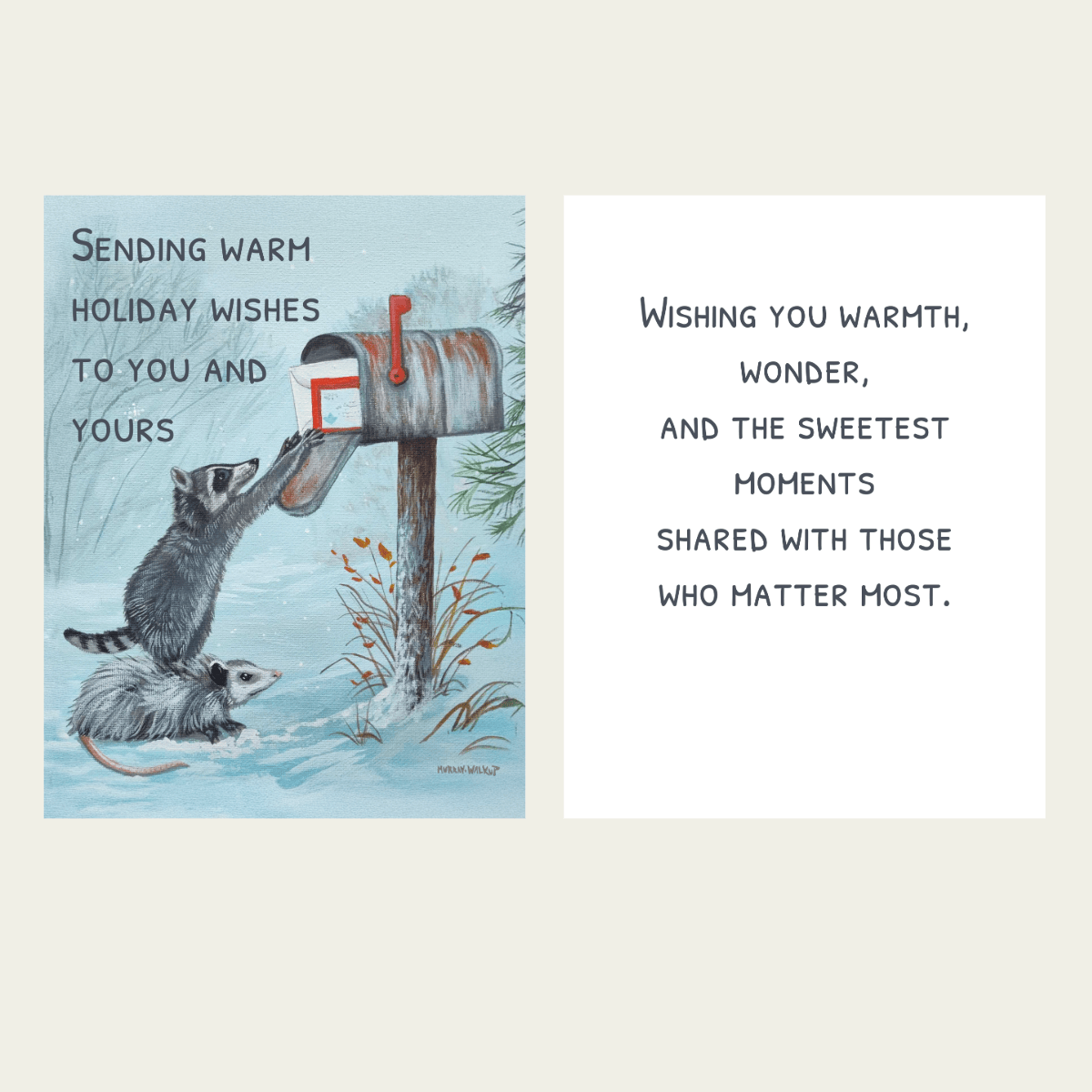 Forever Caroline - Holiday Card w/ Opossum & Raccoon Art | Inside Message