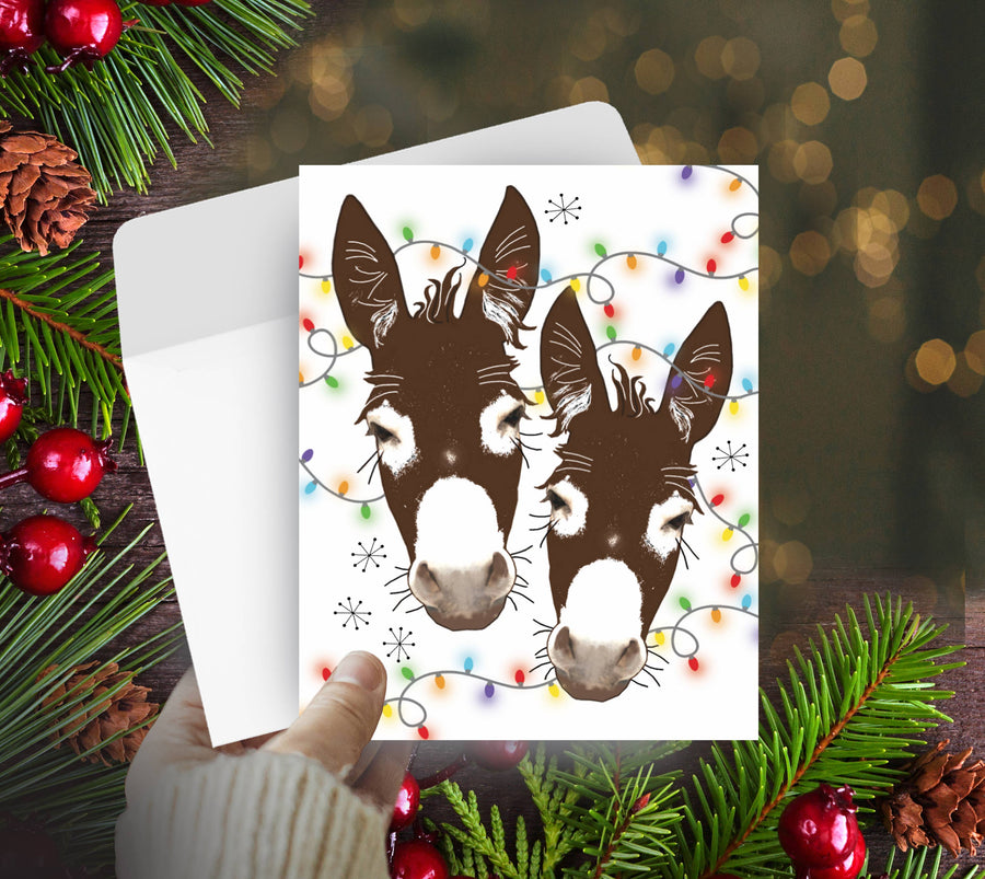 Horse Hollow Press - Donkey Christmas Card / Wrapped in Lights / Holiday Card
