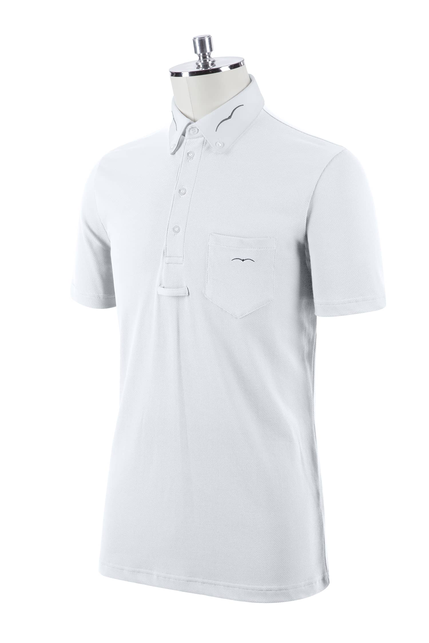 White Men's short-sleeve competition polo with button-down collar and a tie-clip. Embroidered Albatross logo on the pocket and collar.