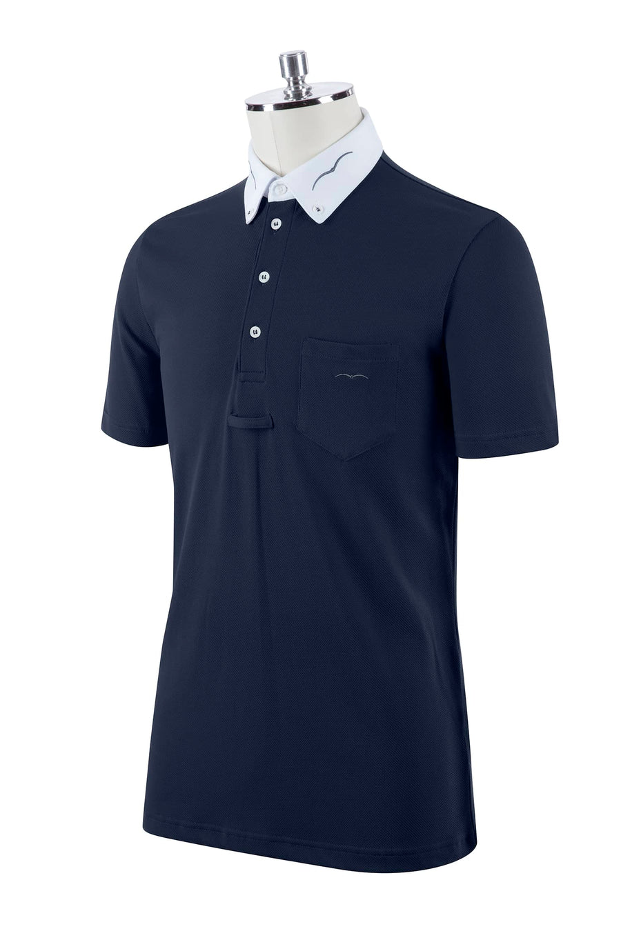 White Men's short-sleeve competition polo with button-down collar and a tie-clip. Embroidered Albatross logo on the pocket and collar.