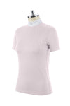 Rose pink competition turtleneck jewel polo with two-button teardrop back opening
