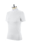 White competition turtleneck jewel polo with two-button teardrop back opening