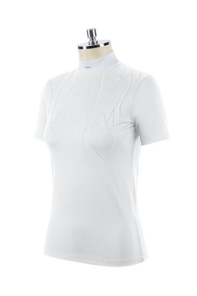 White competition turtleneck jewel polo with two-button teardrop back opening