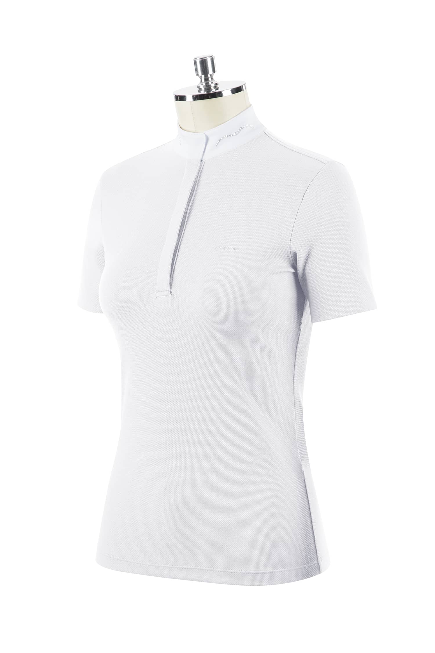 White short sleeve polo with white collar and rhinestone logo on collar. Hidden buttons, and tone on tone rhinestone logo on right chest.