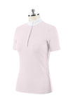 Rose pink short sleeve polo with white collar and rhinestone logo on collar. Hidden buttons, and tone on tone rhinestone logo on right chest.