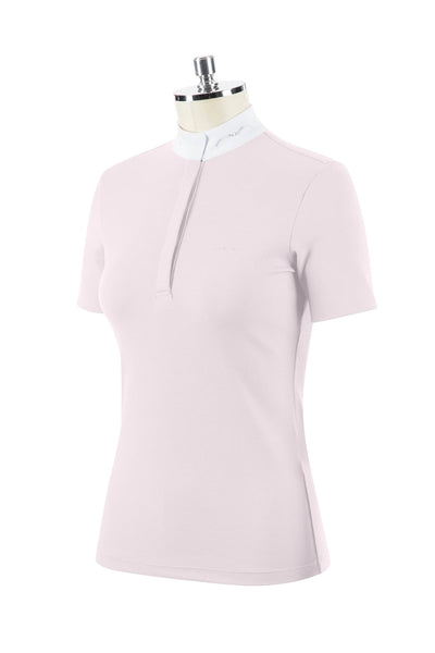 Rose pink short sleeve polo with white collar and rhinestone logo on collar. Hidden buttons, and tone on tone rhinestone logo on right chest.