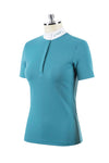 Teal blue short sleeve polo with white collar and rhinestone logo on collar. Hidden buttons, and tone on tone rhinestone logo on right chest.