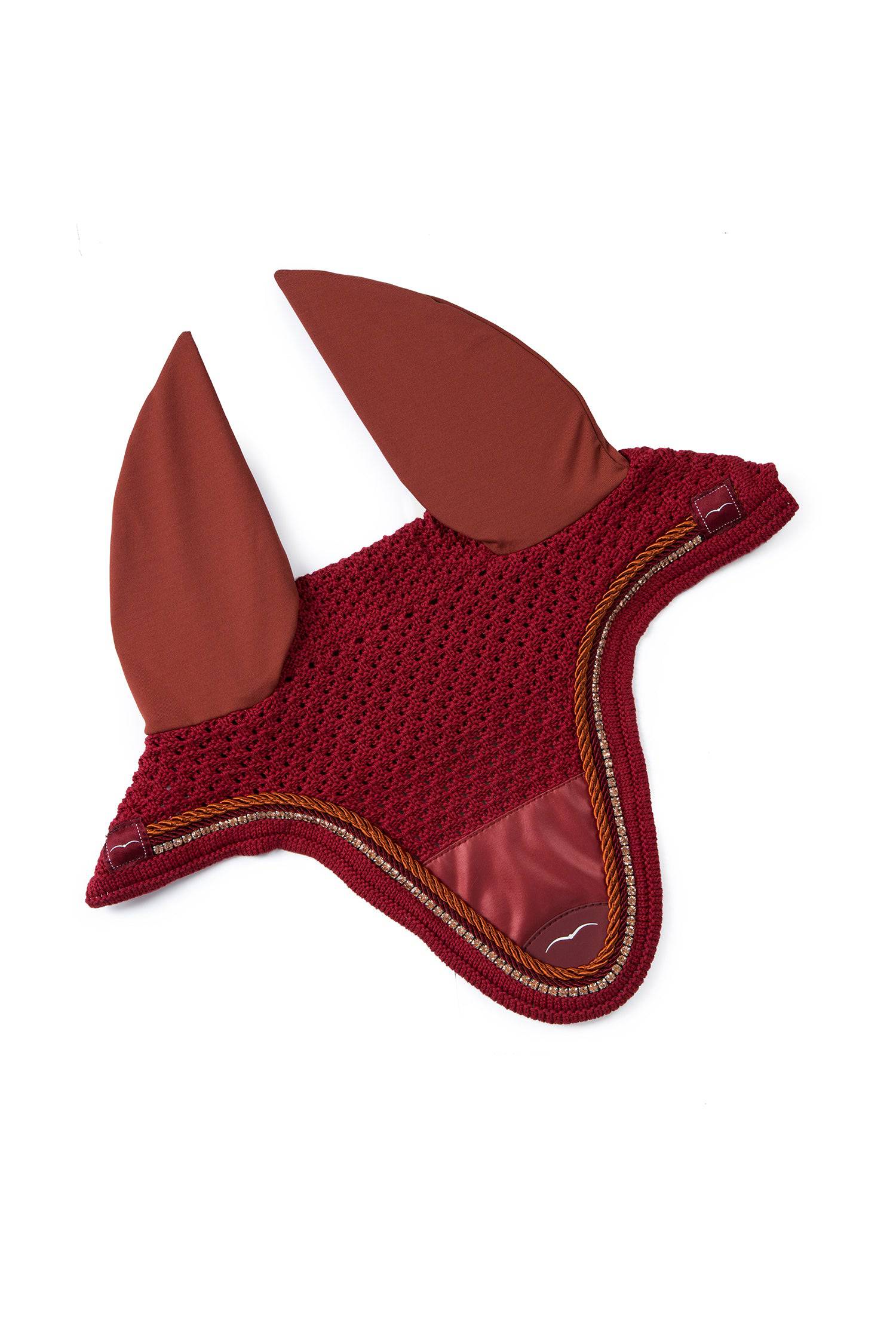 Garnet Red Fly Hood/Veil w/ Animo logo. Rhinestone and Orangeish Red Piping.