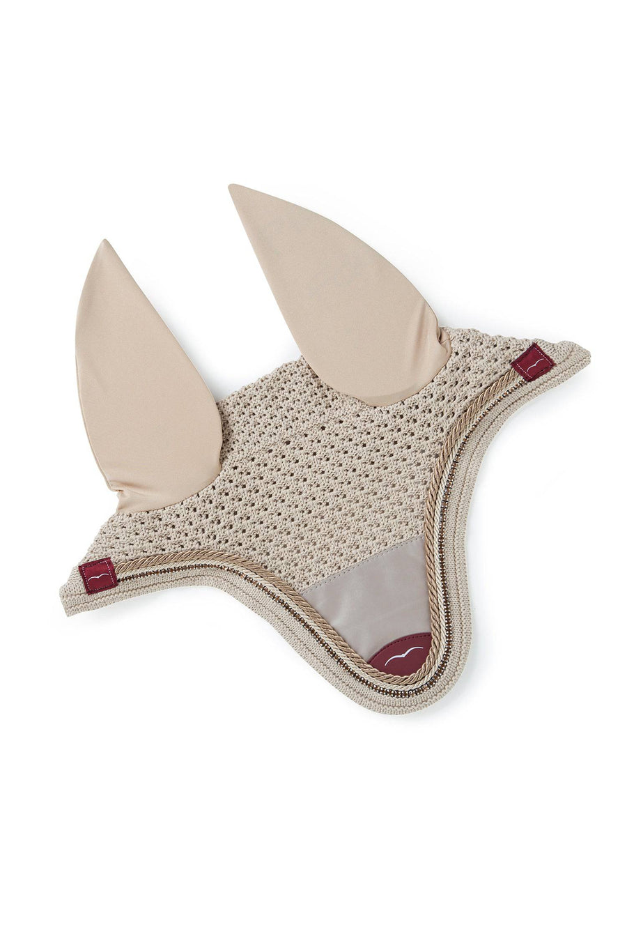 Garnet Red Fly Hood/Veil w/ Animo logo. Rhinestone and Orangeish Red Piping.