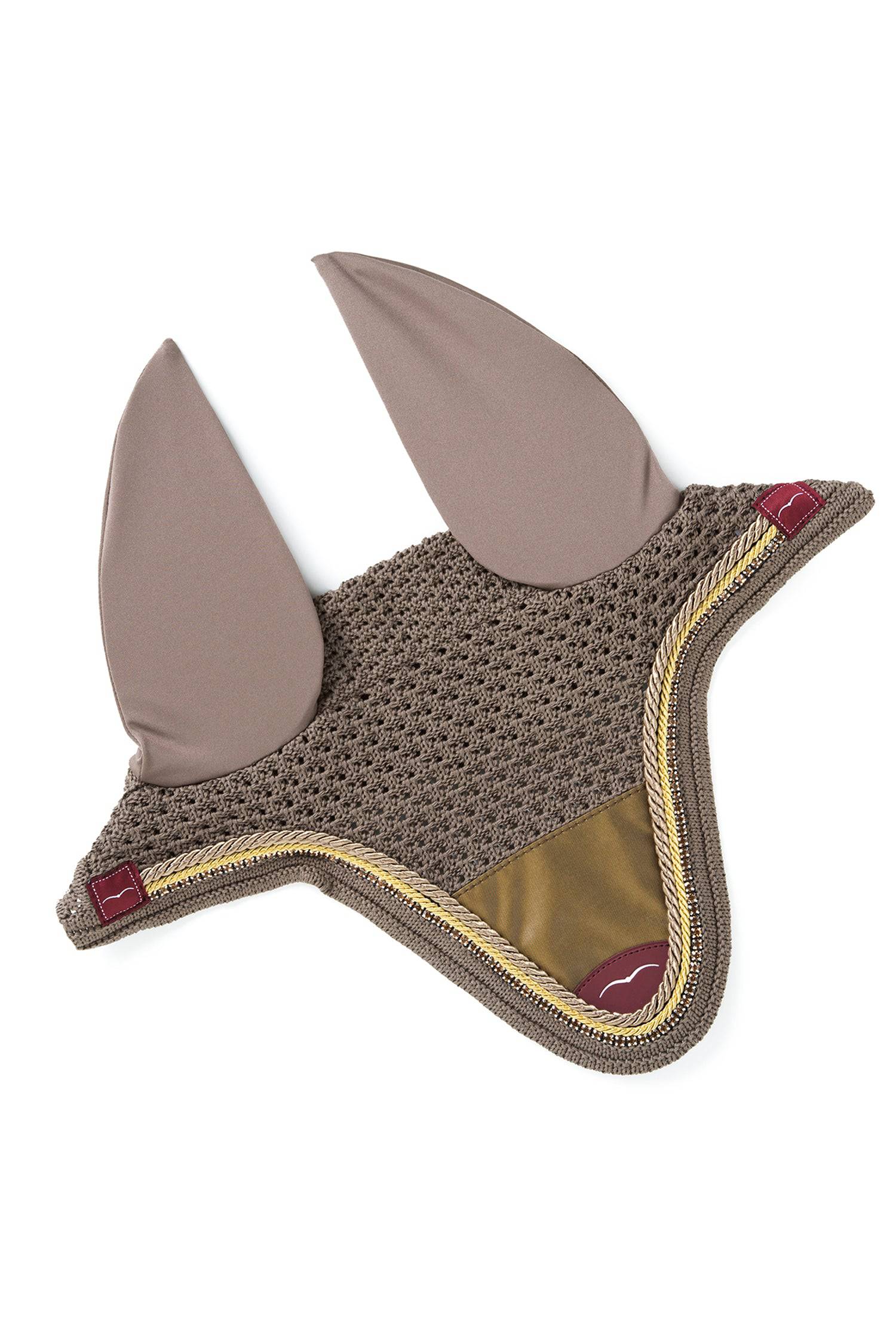 Brass Fly Hood/Veil w/ Animo logo. Rhinestone and Beige/YellowPiping.