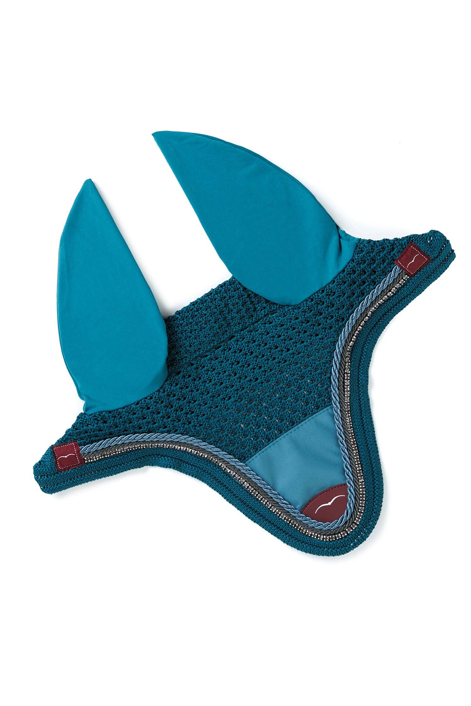 Teal Blue Fly Hood/Veil w/ Animo logo. Rhinestone and Blue Piping.