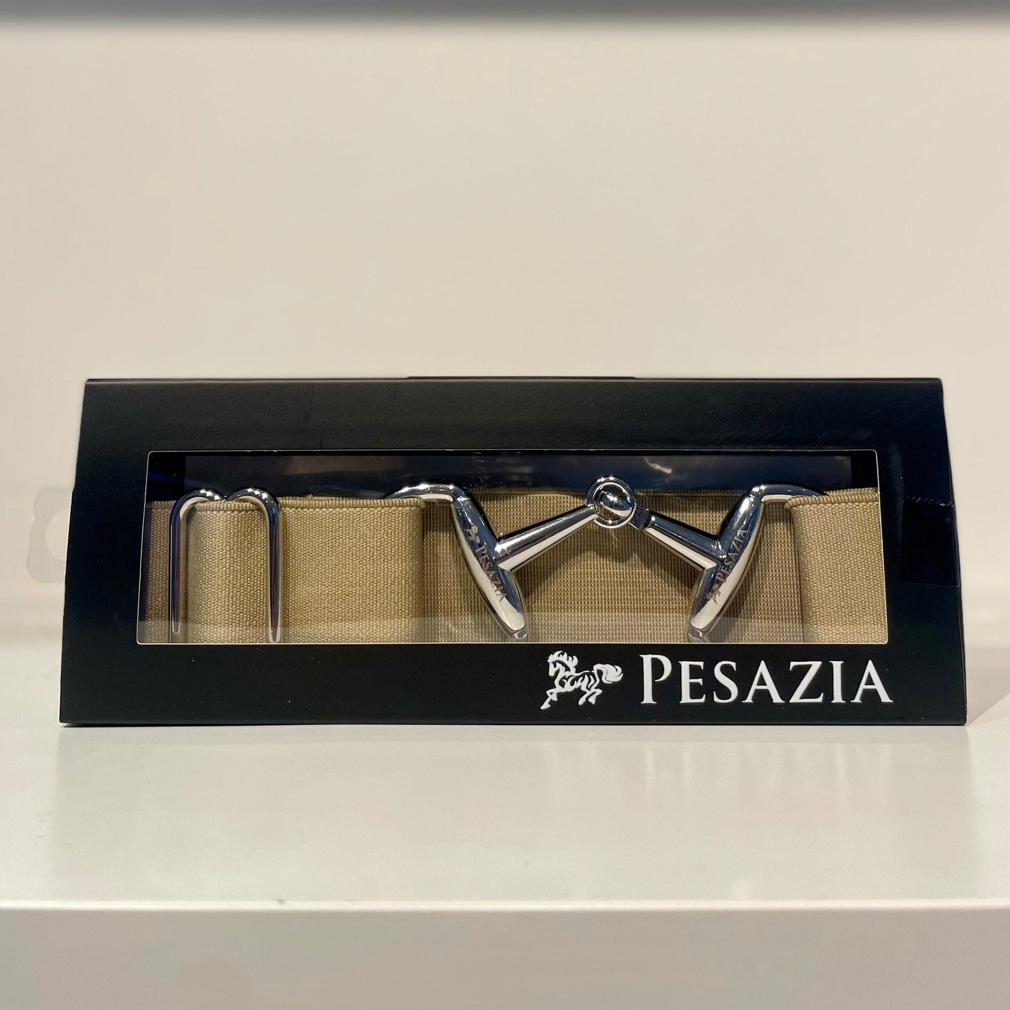 Pesazia - Logo Stretch Bit Belts - Taupe w/ Silver Snaffle Bit