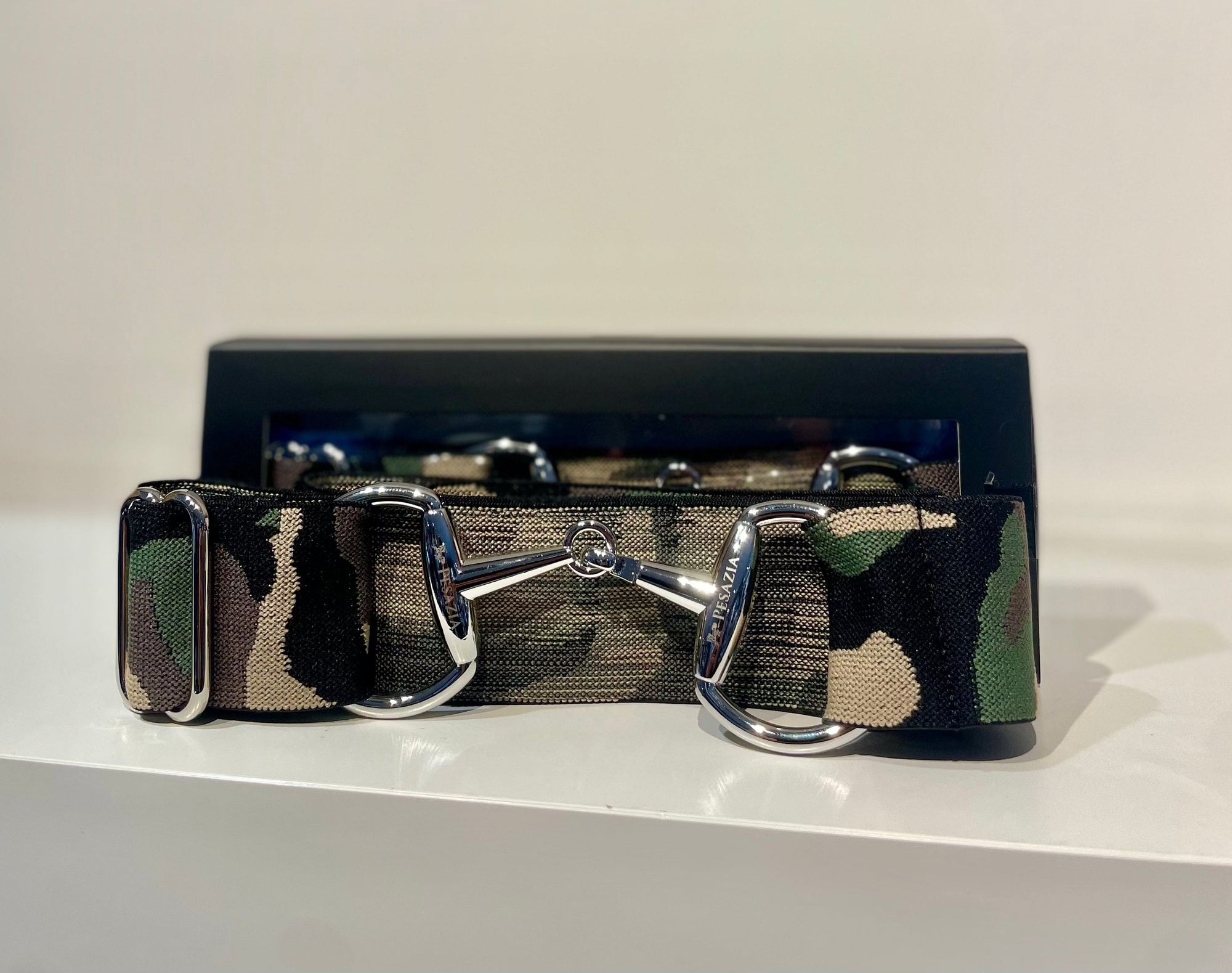 Pesazia - Logo Stretch Bit Belts - Green Camo w/ Silver Snaffle Bit